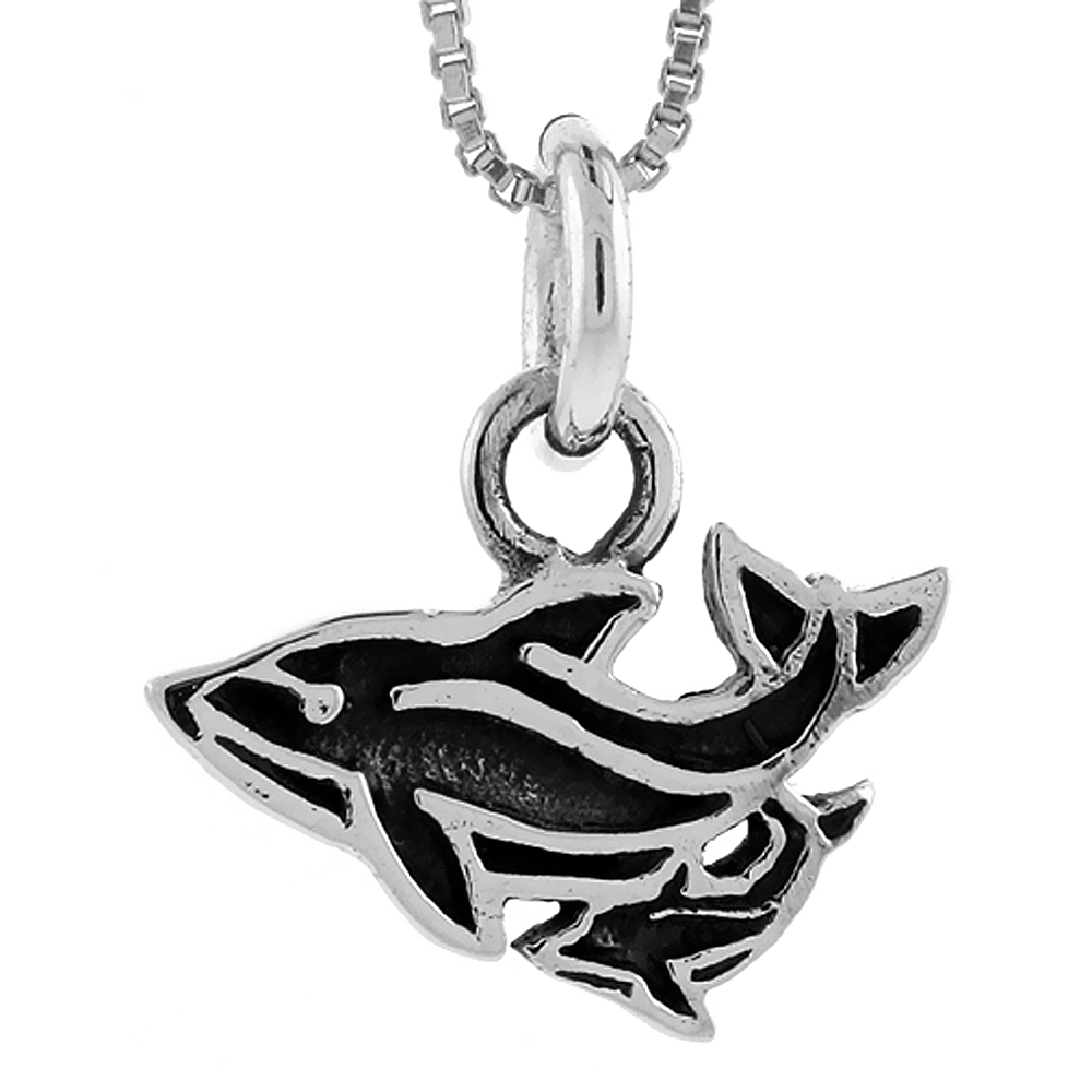 Sterling Silver Double Dolphin Pendant Handmade, 3/4 inch (19 mm) wide