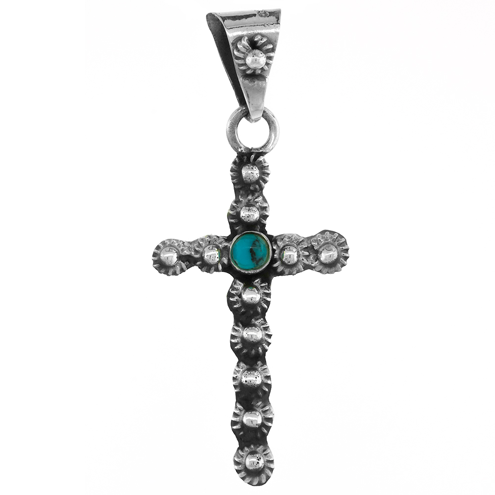 Sterling Silver Floral Cross Pendant w/ Turquoise Bead Handmade 1 1/2 inch tall, NO Chain Included