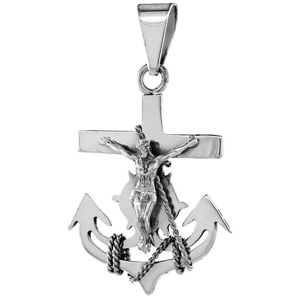 Sterling Silver Mariner&#039;s Cross Anchor Pendant Handmade, 2 1/8 inch long