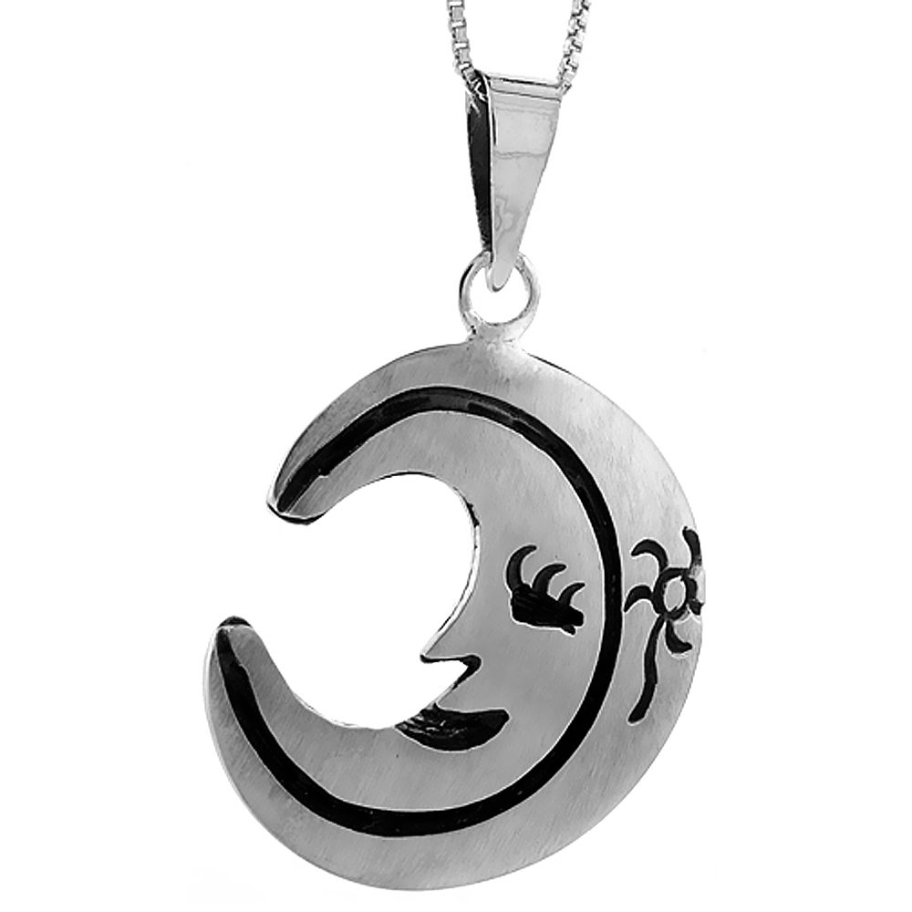Sterling Silver Sun and Moon Pendant Handmade, 1 1/4 inch long