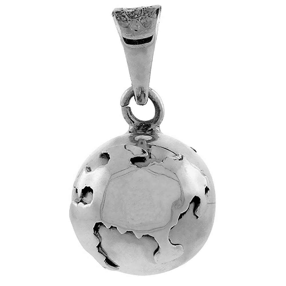 Sterling Silver Globe Harmony Ball Pendant Handmade, 7/8 inch with snake chain.