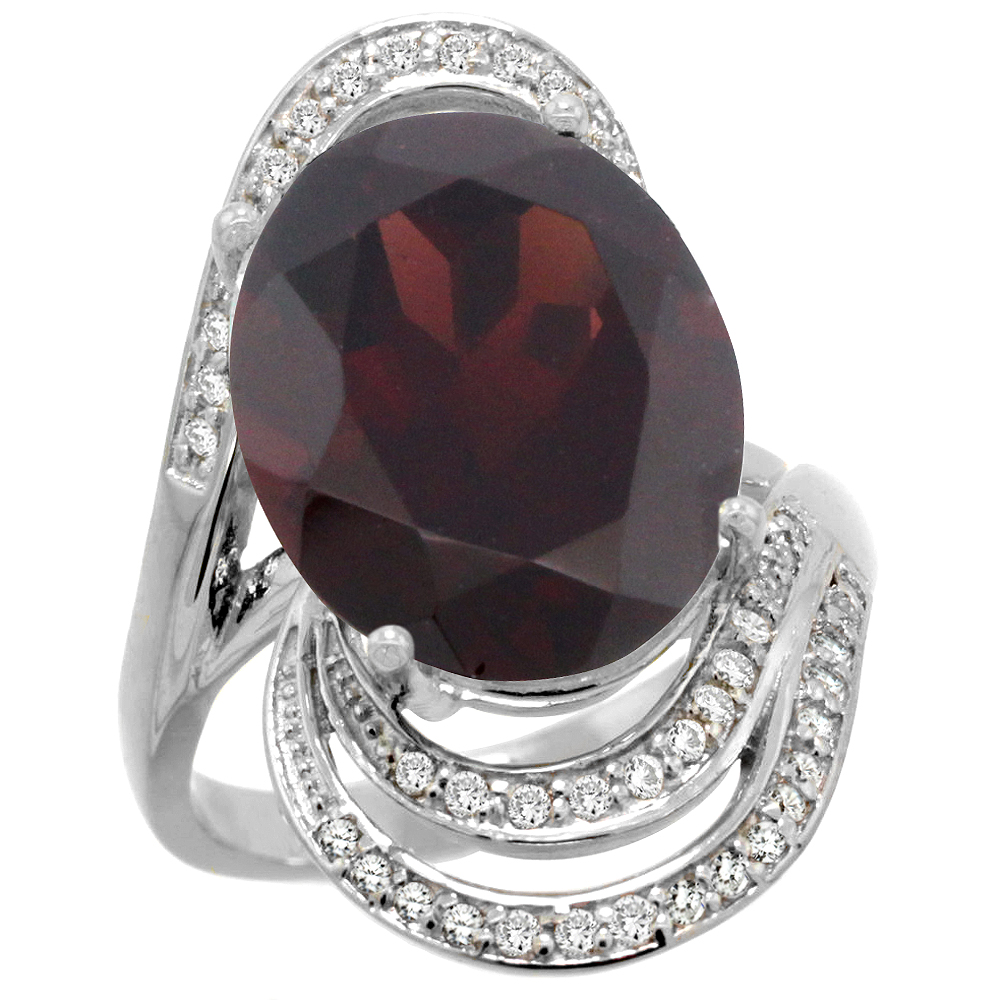 14k White Gold Natural Garnet Promise Ring Diamond Accents Oval 16x12 mm, sizes 5 - 10 