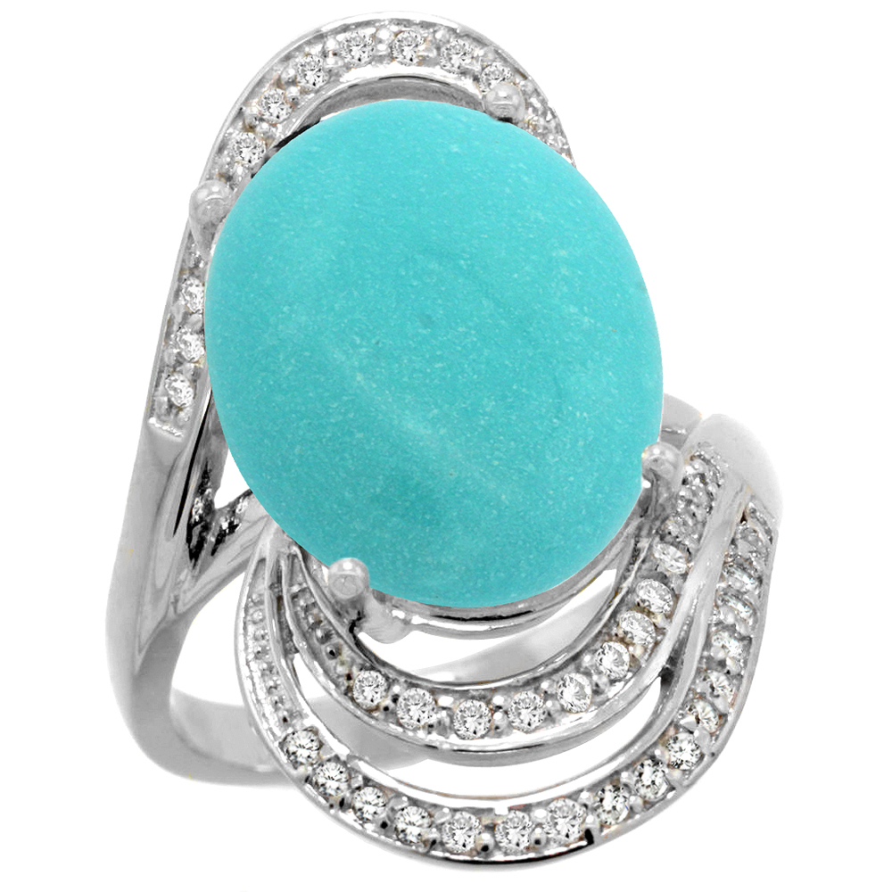 14k White Gold Natural Turquoise Promise Ring Diamond Accents Oval 16x12 mm, sizes 5 - 10 