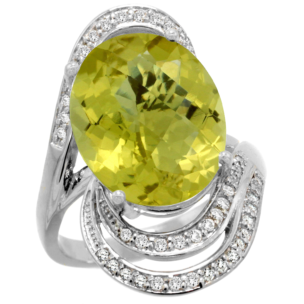 14k White Gold Natural Lemon Quartz Promise Ring Diamond Accents Oval 16x12 mm, sizes 5 - 10 