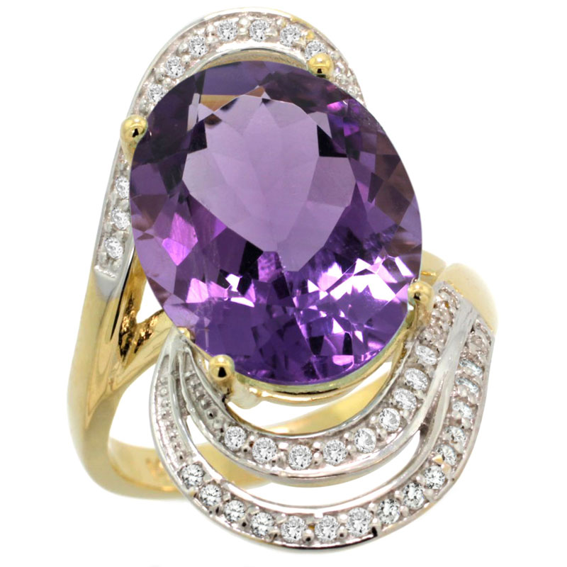 14k Yellow Gold Natural Amethyst Promise Ring Diamond Accents Oval 16x12 mm, sizes 5 - 10 