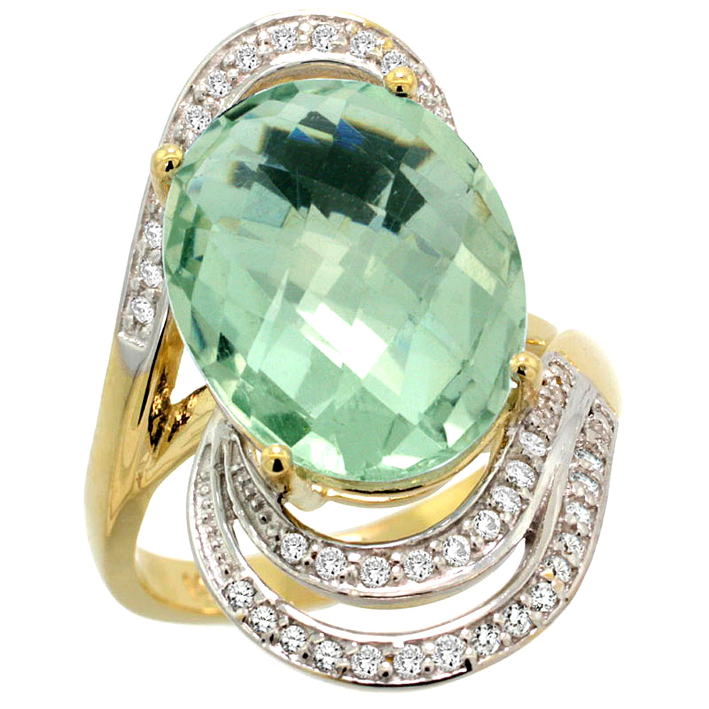 14k Yellow Gold Natural Green Amethyst Promise Ring Diamond Accents Oval 16x12 mm, sizes 5 - 10 