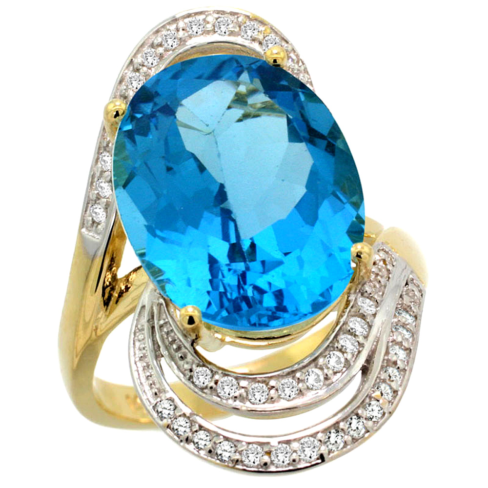14k Yellow Gold Natural Swiss Blue Topaz Promise Ring Diamond Accents Oval 16x12 mm, sizes 5 - 10 