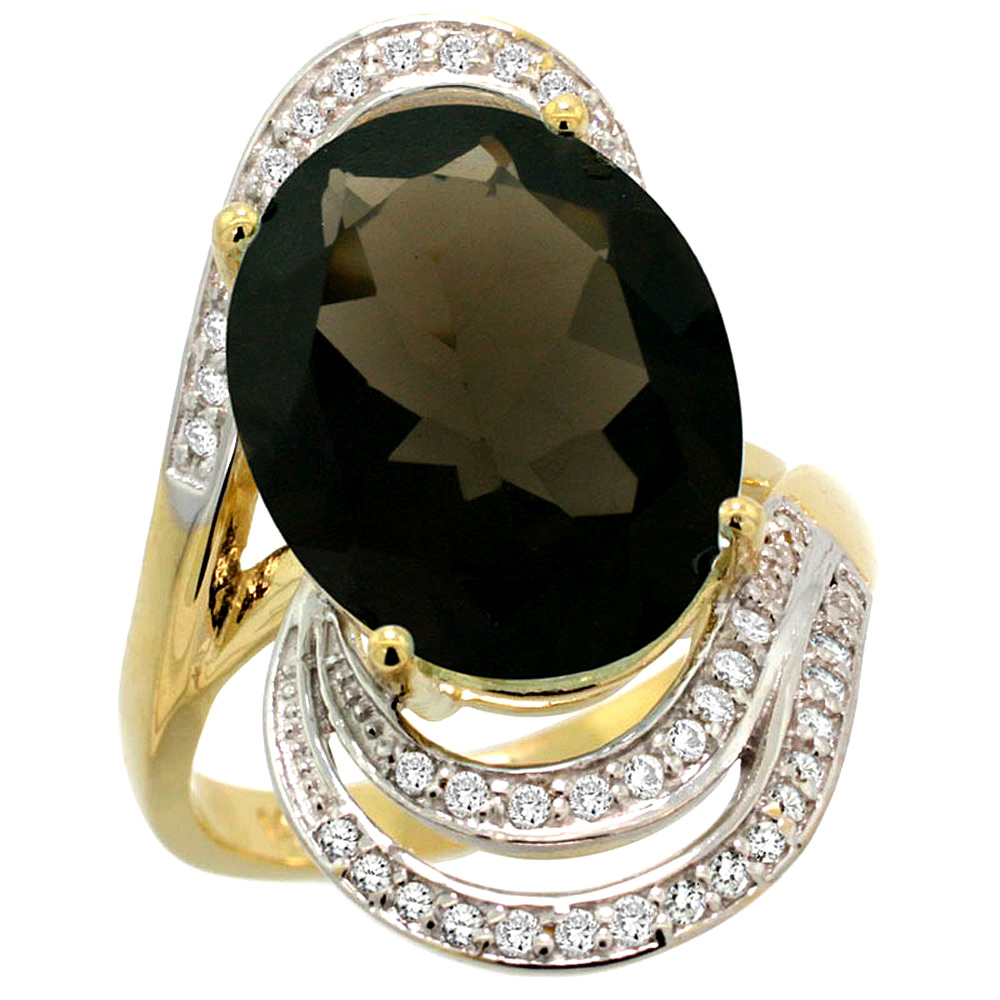 14k Yellow Gold Natural Smoky Topaz Promise Ring Diamond Accents Oval 16x12 mm, sizes 5 - 10 