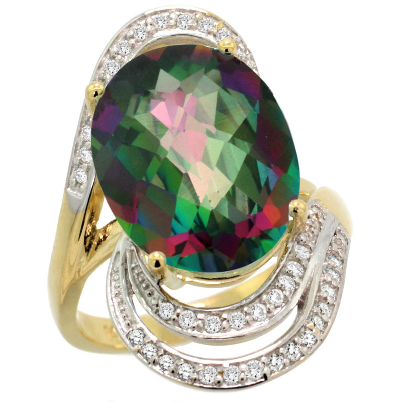 14k Yellow Gold Natural Mystic Topaz Promise Ring Diamond Accents Oval 16x12 mm, sizes 5 - 10 