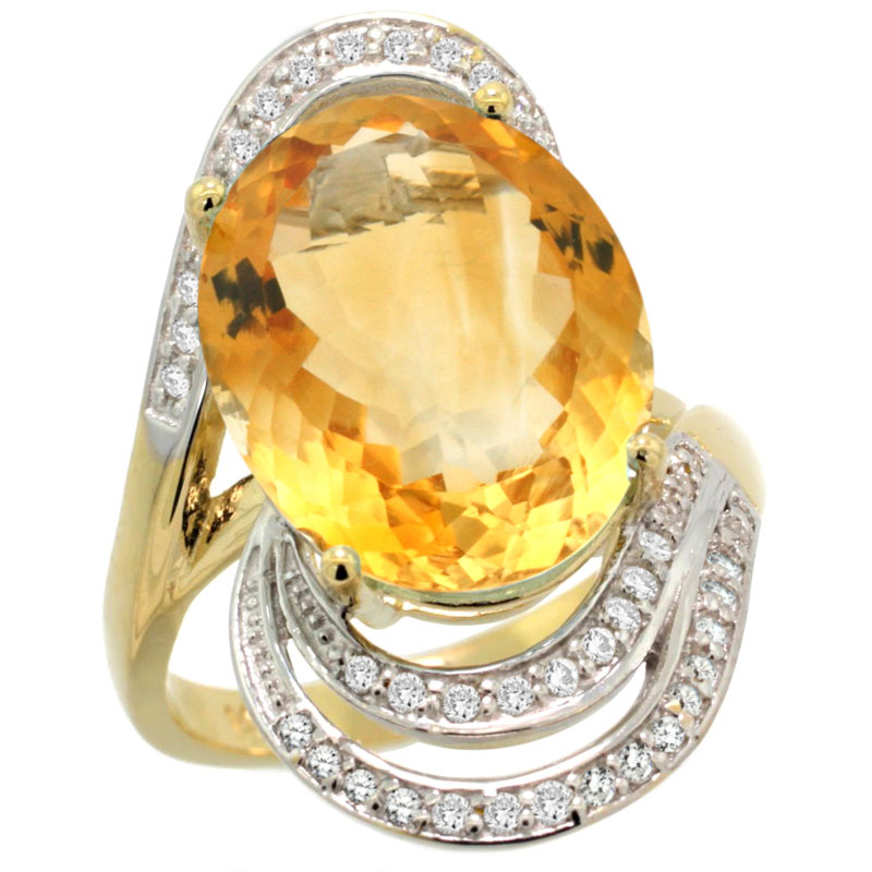 14k Yellow Gold Natural Citrine Promise Ring Diamond Accents Oval 16x12 mm, sizes 5 - 10 
