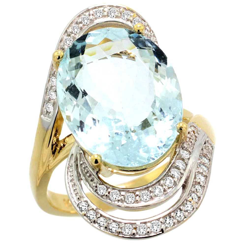 14k Yellow Gold Natural Aquamarine Promise Ring Diamond Accents Oval 16x12 mm, sizes 5 - 10 