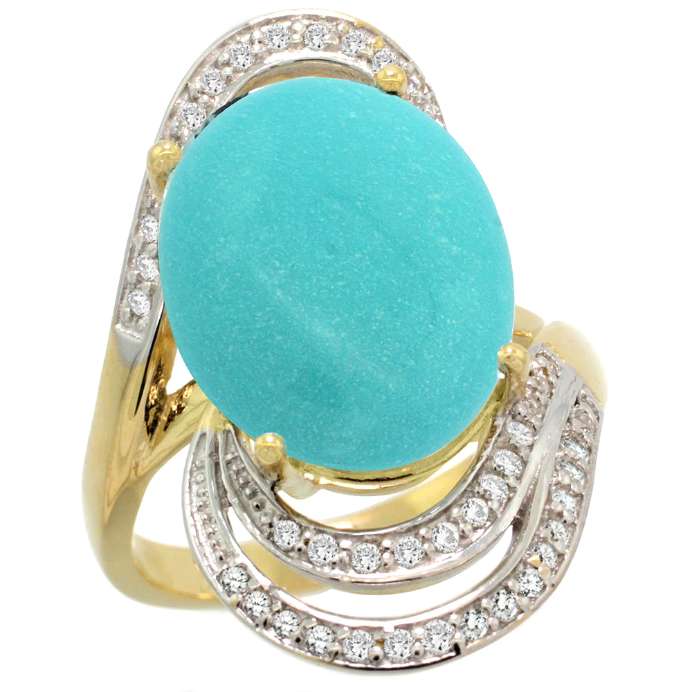 14k Yellow Gold Natural Turquoise Promise Ring Diamond Accents Oval 16x12 mm, sizes 5 - 10 