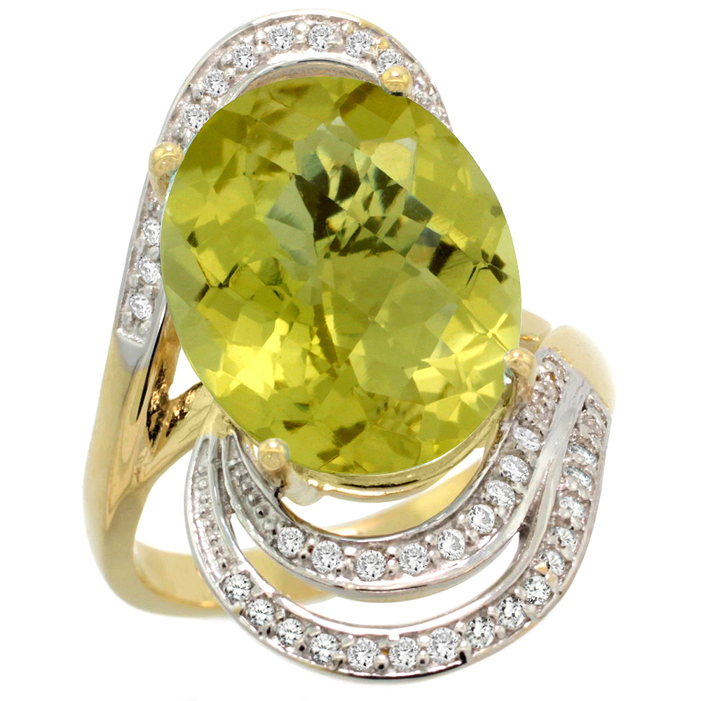 14k Yellow Gold Natural Lemon Quartz Promise Ring Diamond Accents Oval 16x12 mm, sizes 5 - 10 