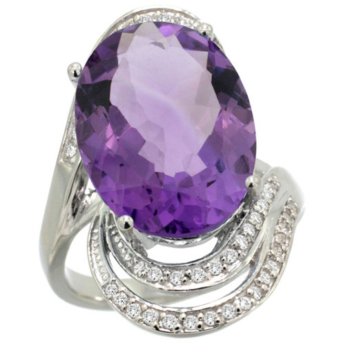 14k White Gold Natural Amethyst Promise Ring Diamond Accents Oval 16x12 mm, sizes 5 - 10 