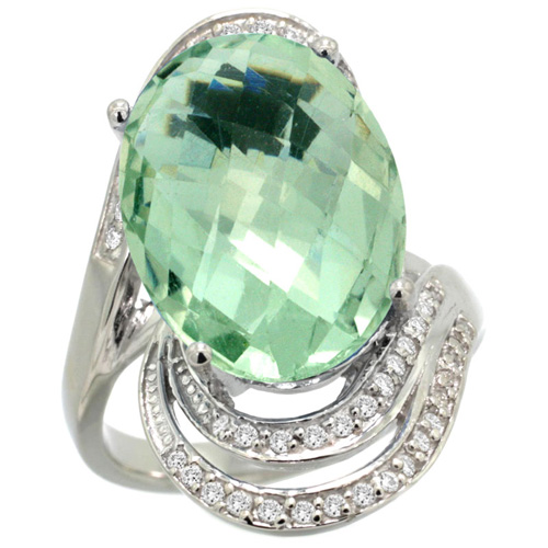 14k White Gold Natural Green Amethyst Promise Ring Diamond Accents Oval 16x12 mm, sizes 5 - 10 