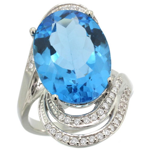 14k White Gold Natural Swiss Blue Topaz Promise Ring Diamond Accents Oval 16x12 mm, sizes 5 - 10 