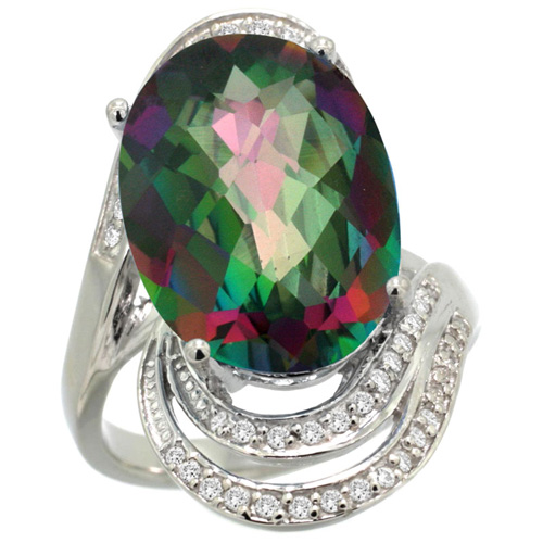 14k White Gold Natural Mystic Topaz Promise Ring Diamond Accents Oval 16x12 mm, sizes 5 - 10 