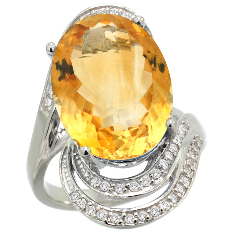 14k White Gold Natural Citrine Promise Ring Diamond Accents Oval 16x12 mm, sizes 5 - 10 