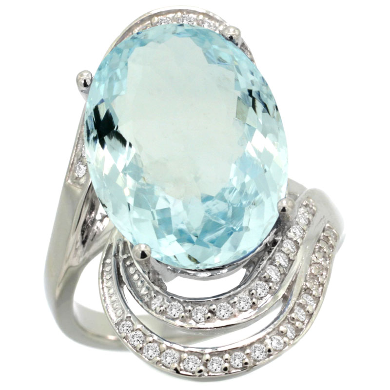 14k White Gold Natural Aquamarine Promise Ring Diamond Accents Oval 16x12 mm, sizes 5 - 10 