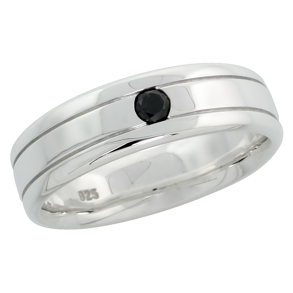 Sterling Silver Gent's Grooved Diamond Ring Band w/ Single Stone (0.14 Carat) Brilliant Cut Black Diamond, 1/4" (6 mm) wide