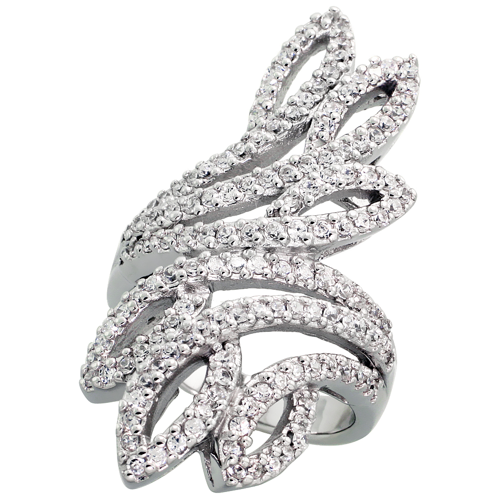 Sterling Silver Peacock Tail Feather Cubic Zirconia Ring with High Quality Brilliant Cut CZ Stones, 1 1/2 inch (38 mm) long