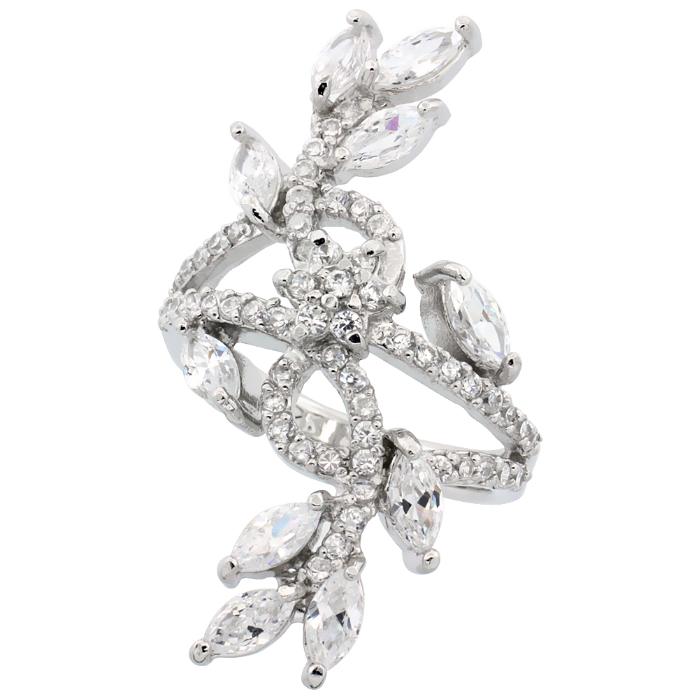 Sterling Silver Flower Vine Cubic Zirconia Ring with 1/4 carat Marquise Cut CZ Stones, 1 1/2 inch (39 mm) long