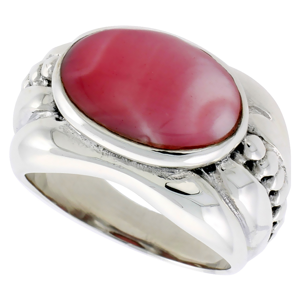 Sterling Silver Synthetic Pink Cats Eye Ring Oval, 1/2 inch wide
