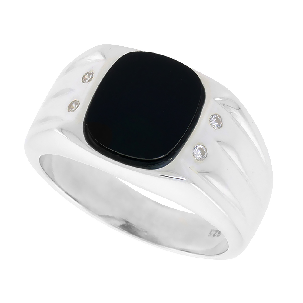Sterling Silver Mens Oval Black Onyx Ring 3 Grooves CZ Accent 1/2 inch wide, sizes 8 - 13