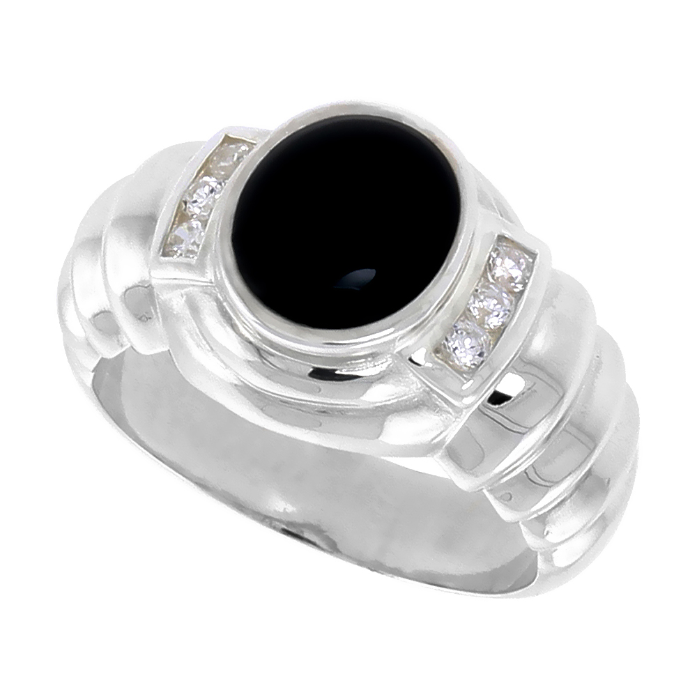 Sterling Silver Mens Black Onyx Ring Oval CZ Accent 9/16 inch wide, sizes 8 - 13