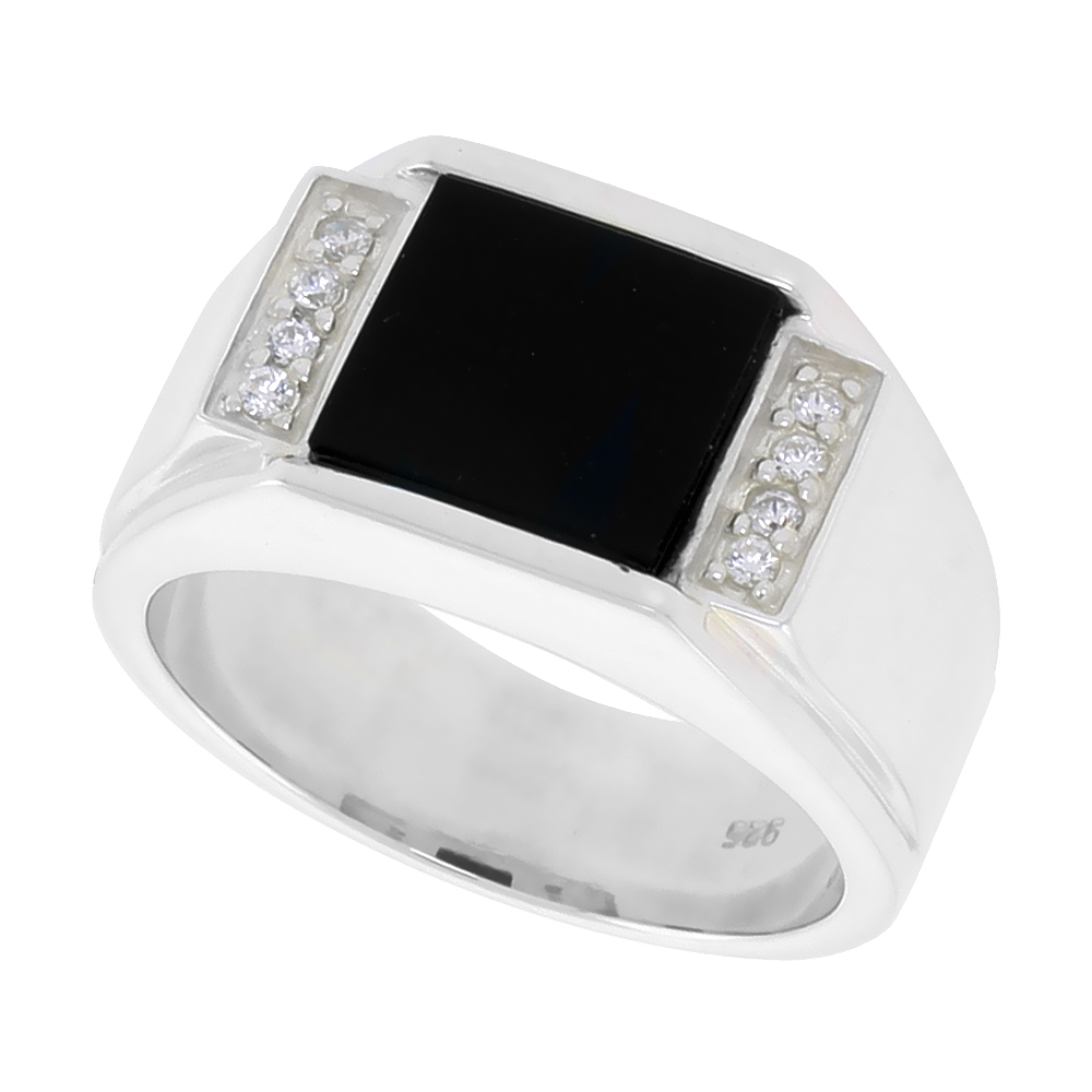 Sterling Silver Mens Square Black Onyx Ring Grooved Edges CZ Accent 1/2 inch wide, sizes 8 - 13