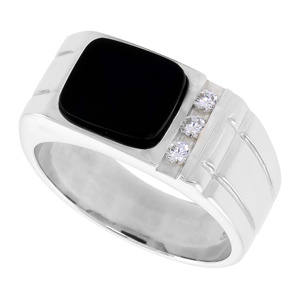 Sterling Silver Mens Rectangular Black Onyx Ring 2 Grooves CZ Accent 3/8 inch wide, sizes 8 - 13