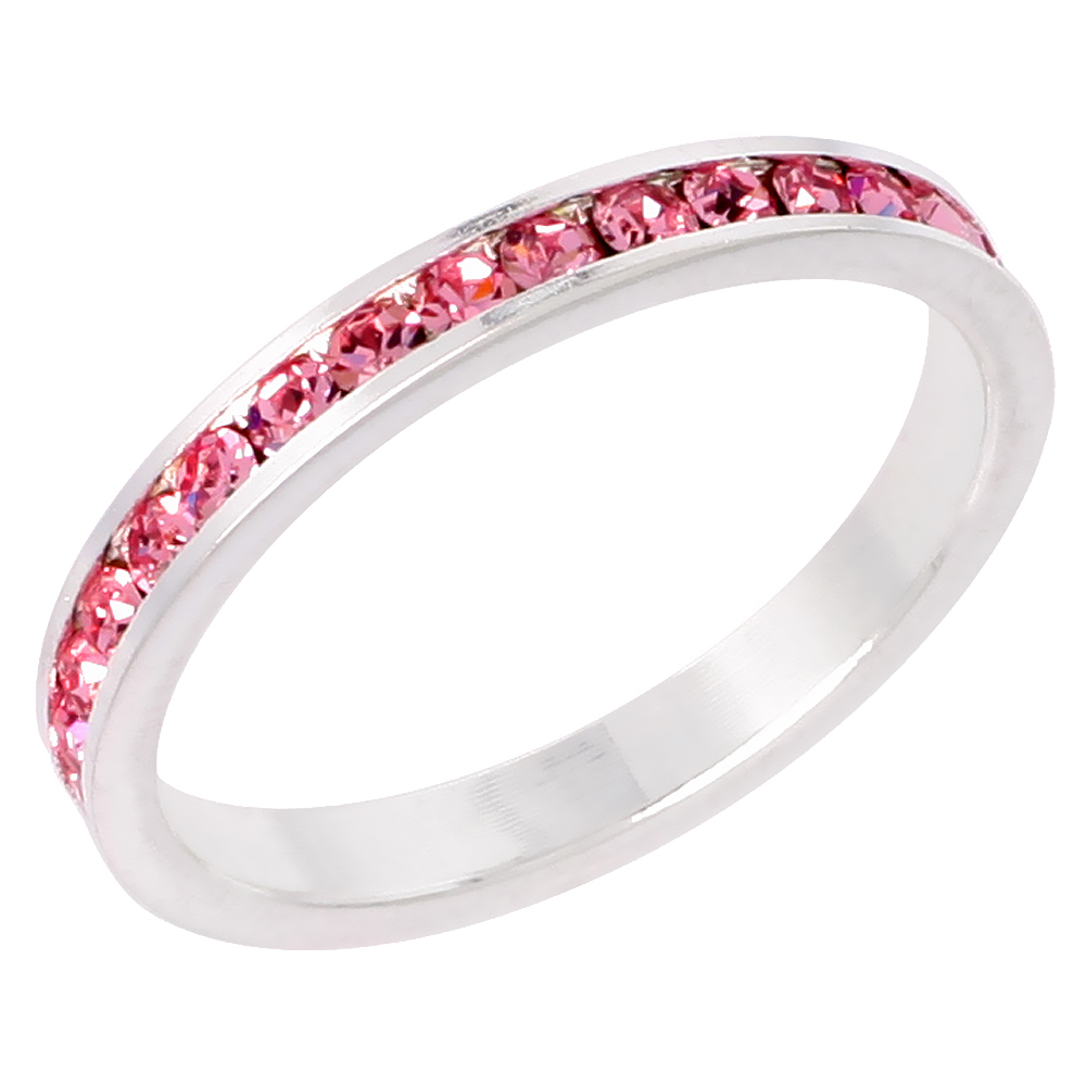 Sterling Silver Stackable Eternity Band, October Birthstone, Pink Tourmaline Crystals, 1/8" (3 mm) wide