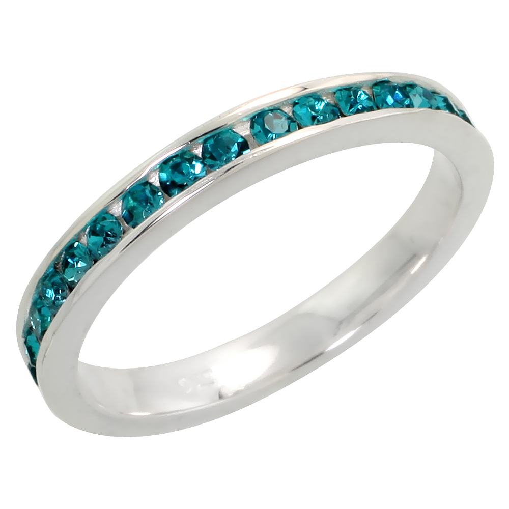 Sterling Silver Stackable Eternity Band, December Birthstone, Blue Topaz Crystals, 1/8" (3 mm) wide
