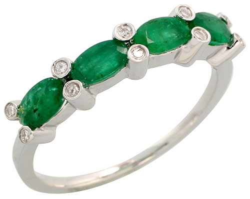 14k White Gold Fancy Ladies' Band, w/ 0.06 Carat Brilliant Cut Diamonds & 1.55 Carats Oval Cut Emerald Stones, 3/16" (4mm) wide