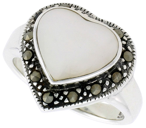 Sterling Silver Oxidized Heart Ring w/ Mother of Pearl, 9/16&quot; (15 mm) wide