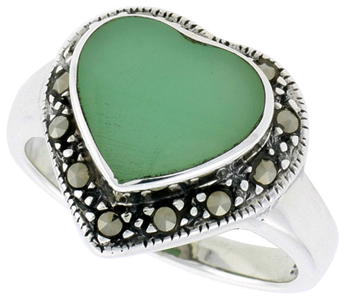 Sterling Silver Oxidized Heart Ring w/ Green Resin, 9/16&quot; (15 mm) wide