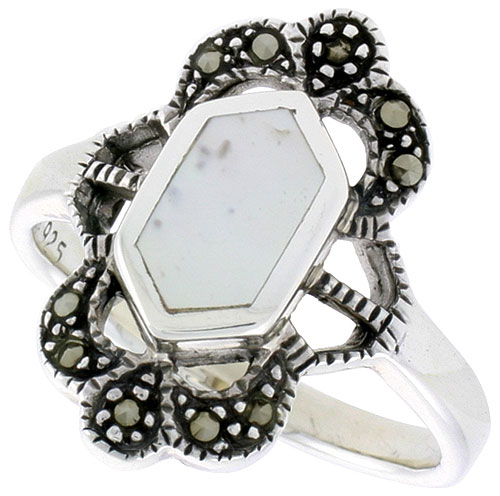 Sterling Silver Ring, w/ Hexagon-shaped Mother of Pearl, 3/4 inch (19 mm) wide