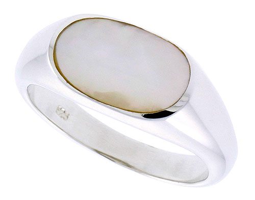 Sterling Silver Ladies&#039; Ring w/ an Oval-shaped Mother of Pearl, 3/8&quot; (9 mm) wide