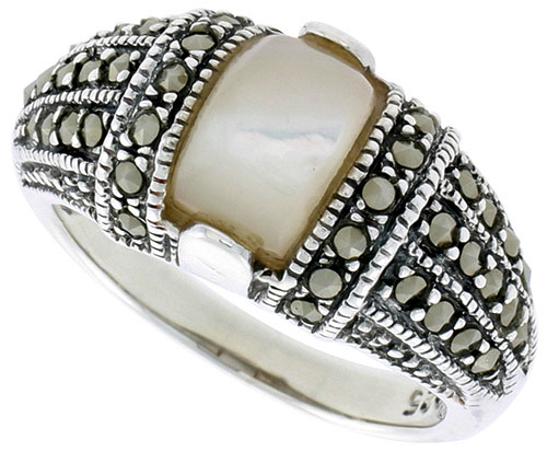 Sterling Silver Oxidized Dome Ring w/ Mother of Pearl, 3/8" (10 mm) wide