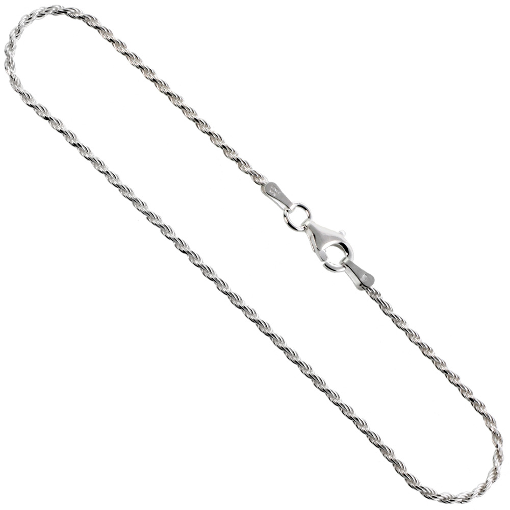 Sterling Silver Anklet Rope Chain 1.5 mm Nickel Free Italy, sizes 9 - 10 inch
