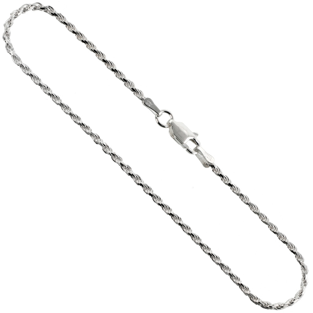 Sterling Silver Anklet Rope Chain 1.8 mm Nickel Free Italy, sizes 9 - 10 inch