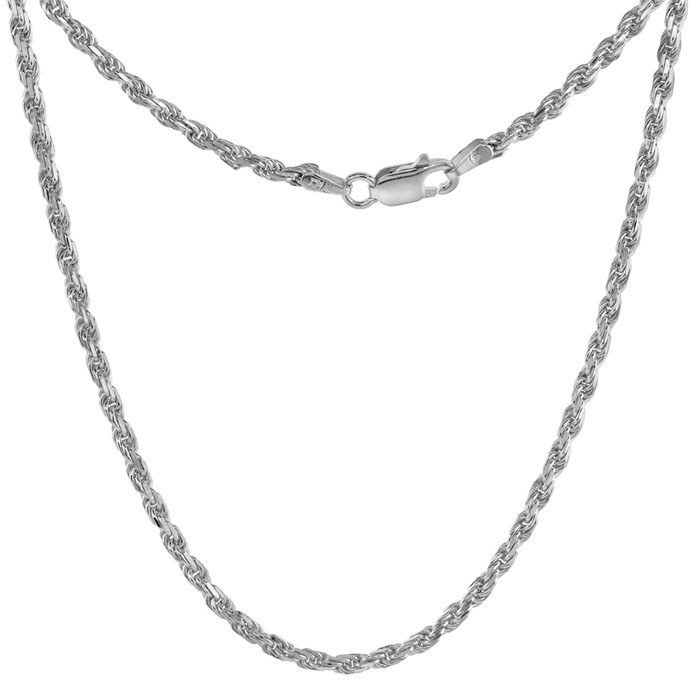 Sterling Silver Rope Chain Necklaces & Bracelets 2.4 mm Diamond cut Nickel Free Italy, sizes 7 - 30 inch