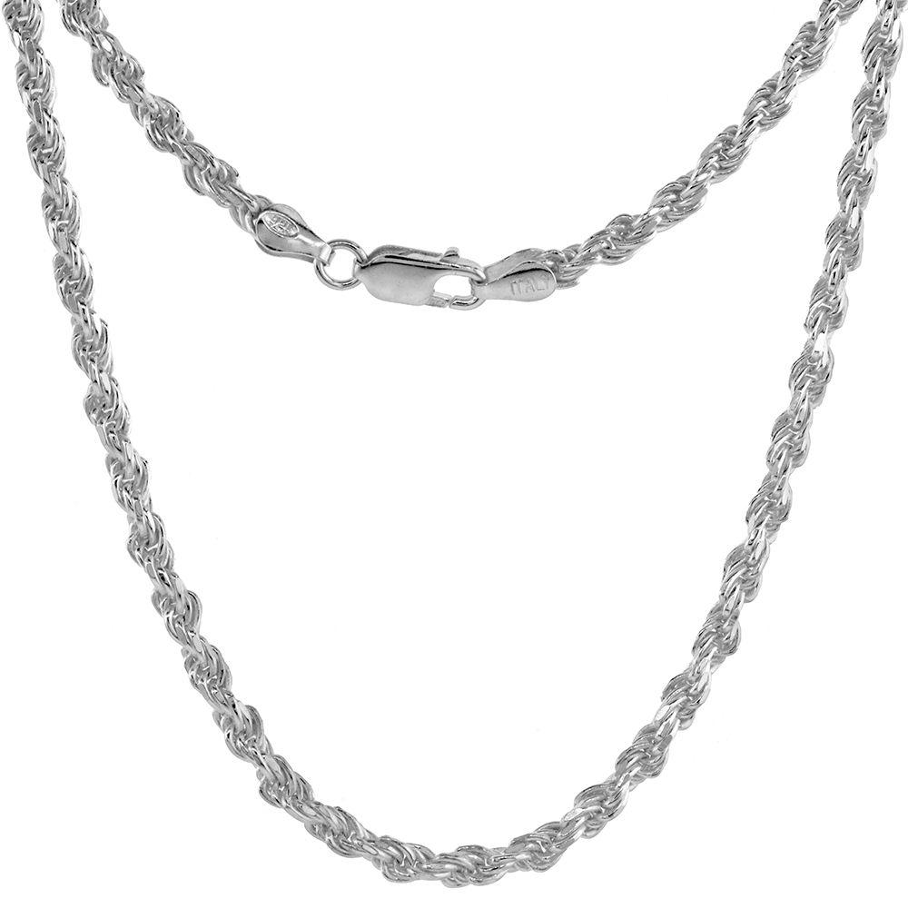 Sterling Silver Rope Chain Necklaces &amp; Bracelets 3mm Diamond cut Nickel Free Italy, sizes 7 - 30 inch