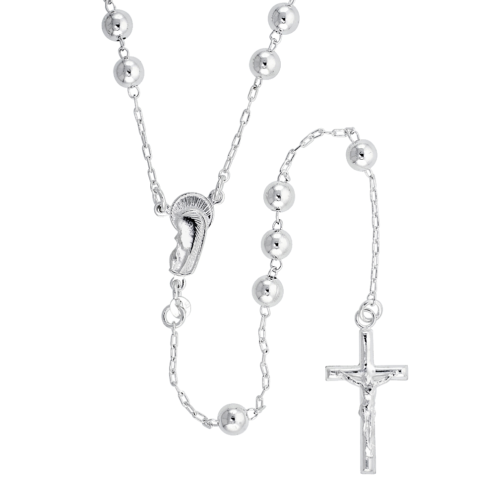 Sterling Silver Rosary Necklace 6 mm Beads, 30 inch