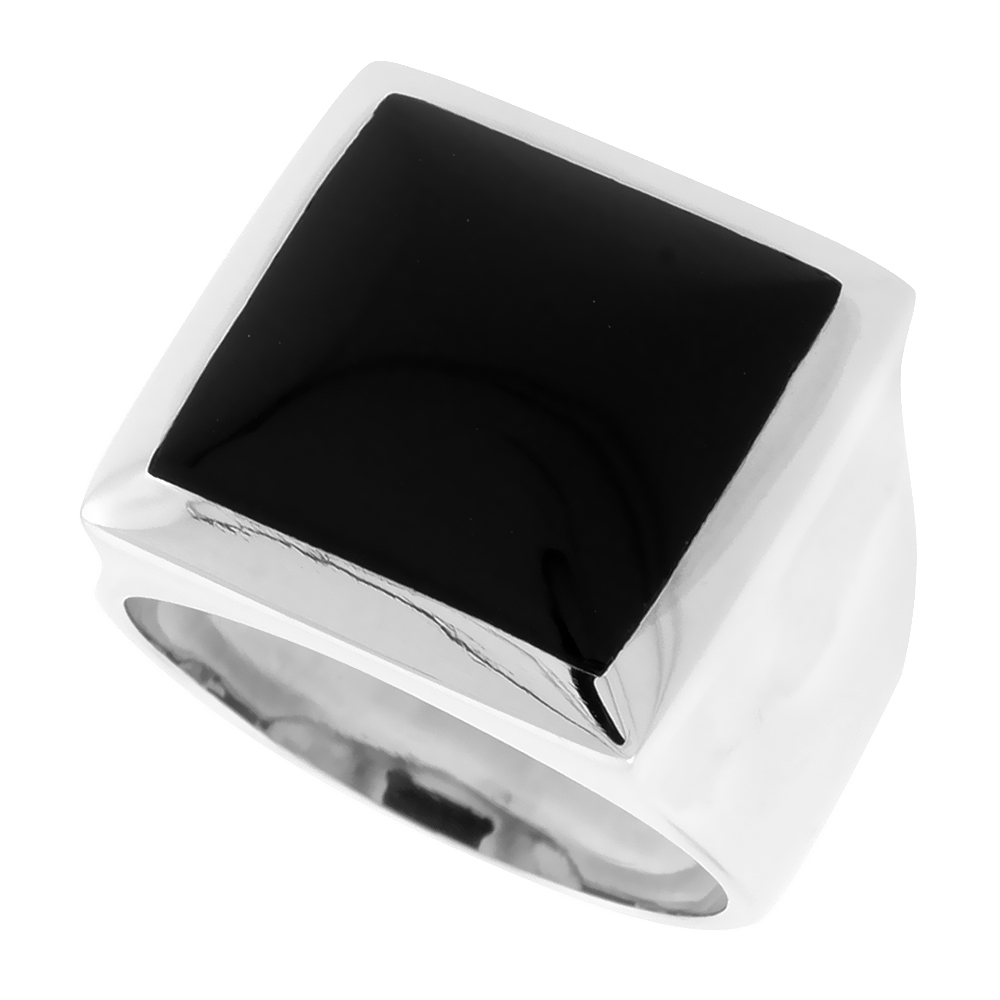 Large Square Sterling Silver Genuine Black Onyx Ring for Men 11/16 inch (18 mm)
