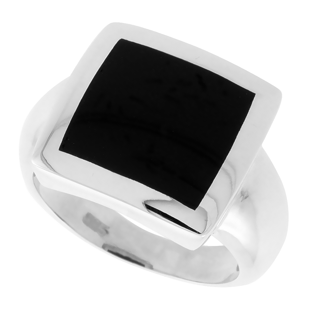 Square Sterling Silver Genuine Black Onyx Ring for Women 5/8 inch (16 mm)