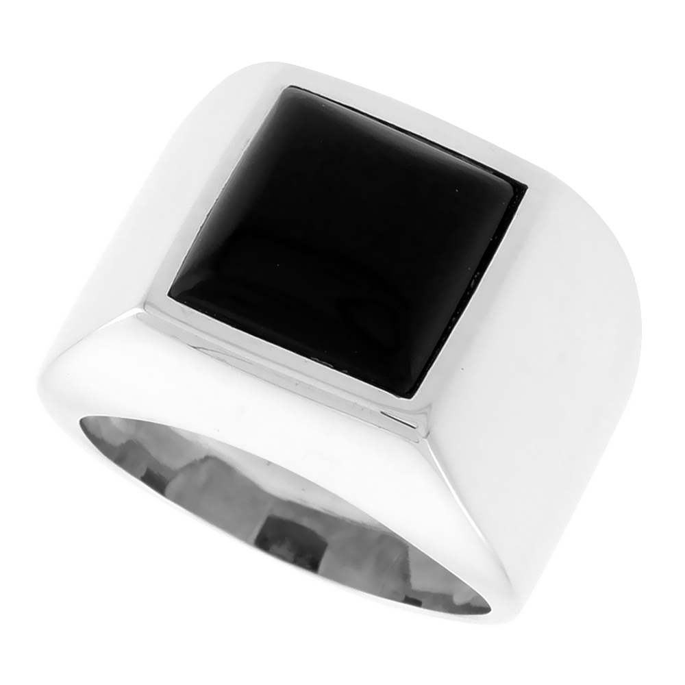 Small Square Sterling Silver Genuine Black Onyx Ring for Men 5/8 inch (16 mm)