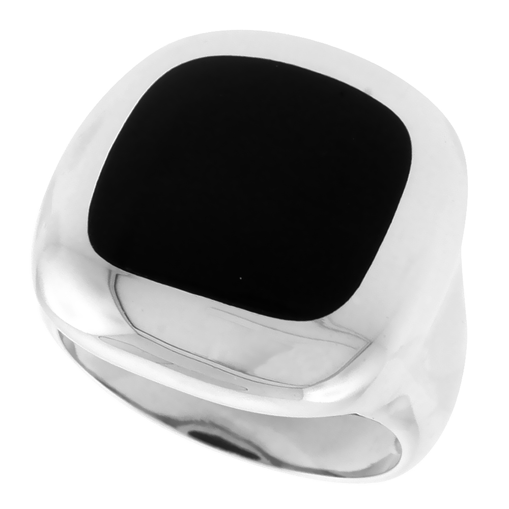 Rounded Square Sterling Silver Genuine Black Onyx Ring for Women 13/16 inch (21 mm)
