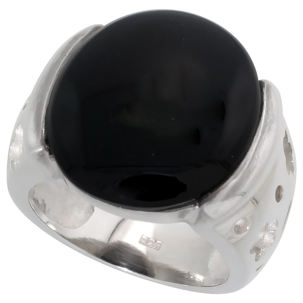 Round Cabochon Sterling Silver Genuine Black Onyx Ring for Women 11/16 inch (18 mm)
