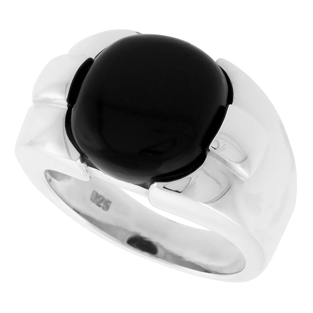 Round Cabochon Sterling Silver Genuine Black Onyx Ring for Men 9/16 inch (14 mm)